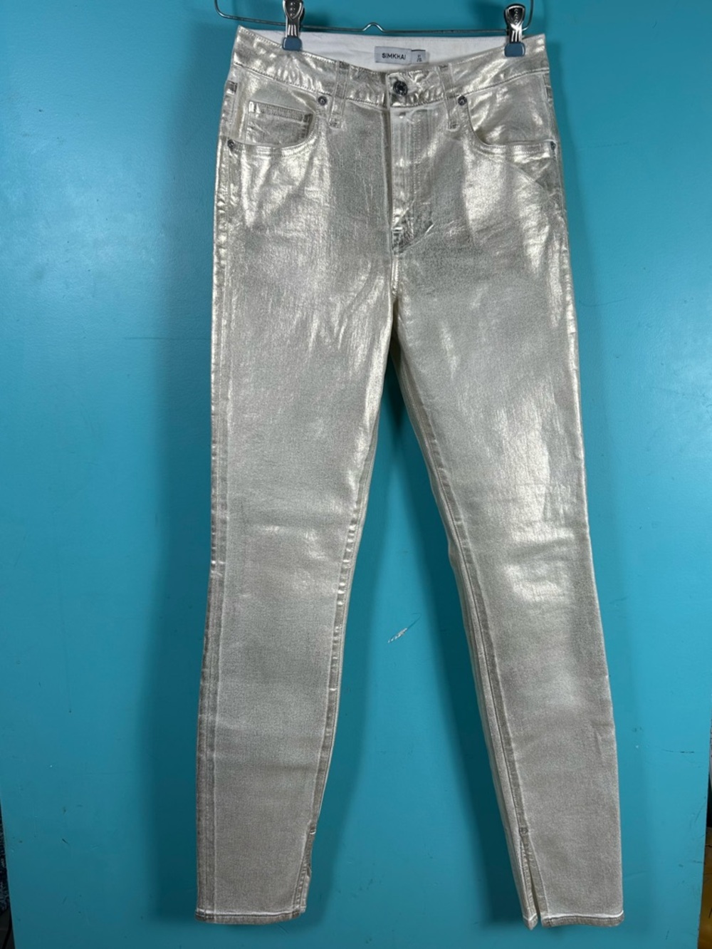 Simkhai Gold Shiny Coated Skinny Jeans -